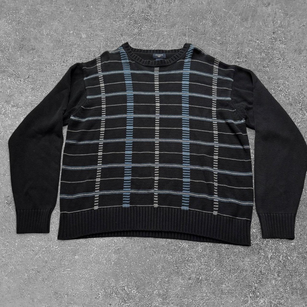 Dockers Mens Black Cotton Sweater Blue White Vertical Stripe Grid Size Large